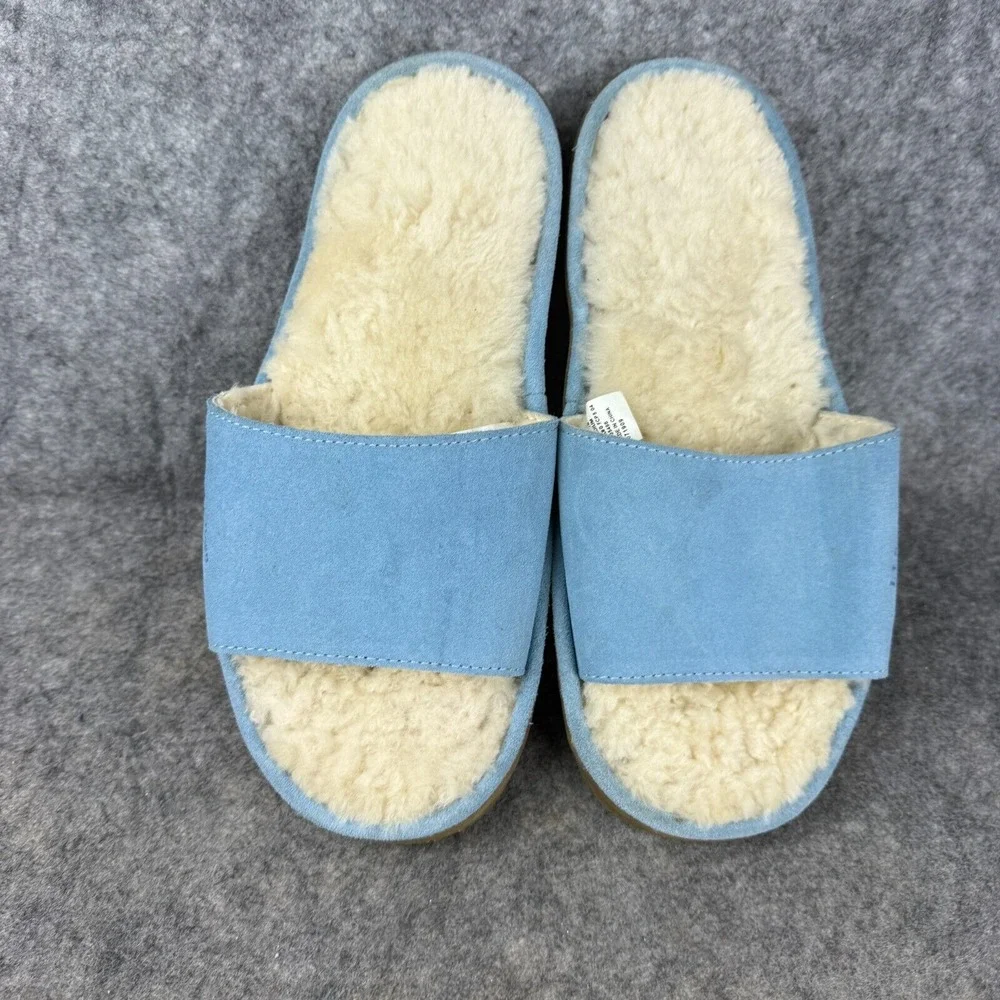 LL Bean Slippers Leather Shearling Slides Wicked Good One Band Lt Blue Women 10 - Picture 2 of 5